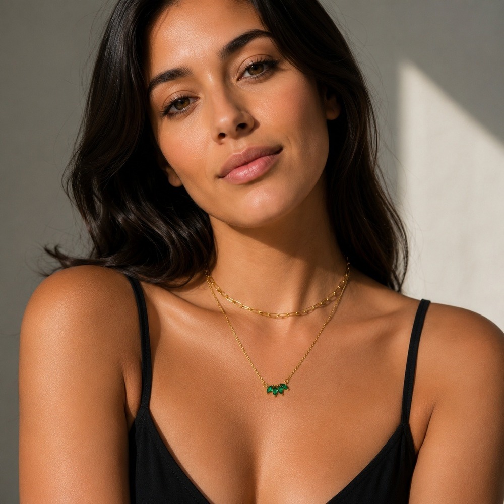 Secroma Gold Tone Layered Necklace Set Emerald Green Marquise Crystal Paperclip